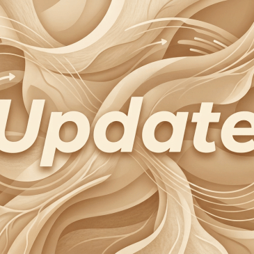 Stylized word 'Update' with vibrant abstract shapes and digital icons